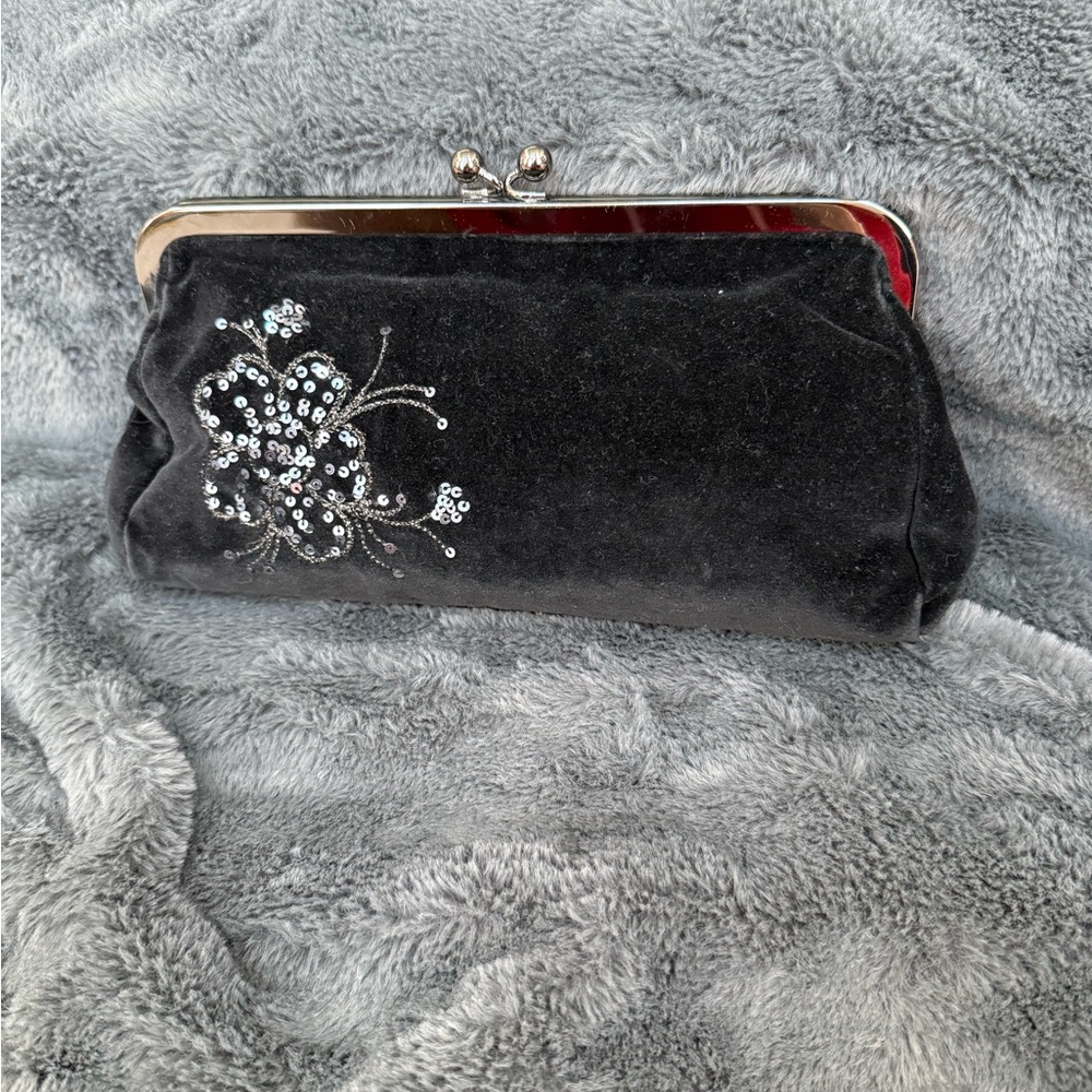 Express Black Velvet Floral Sequined Clutch